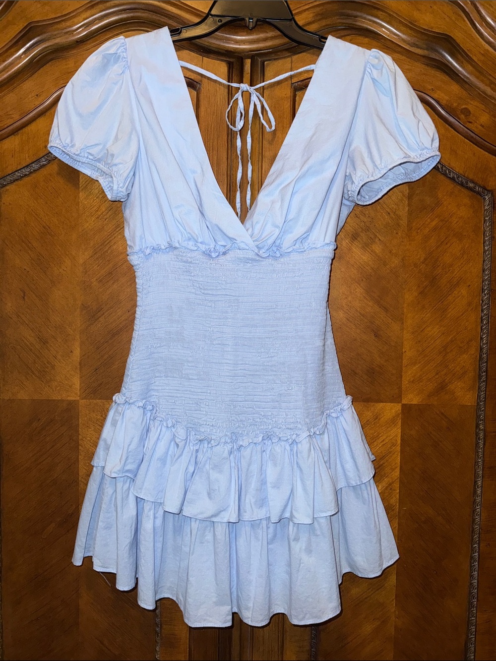 B Darlin Light Blue V-Neck Smocked Mini Dress with Puff Sleeves